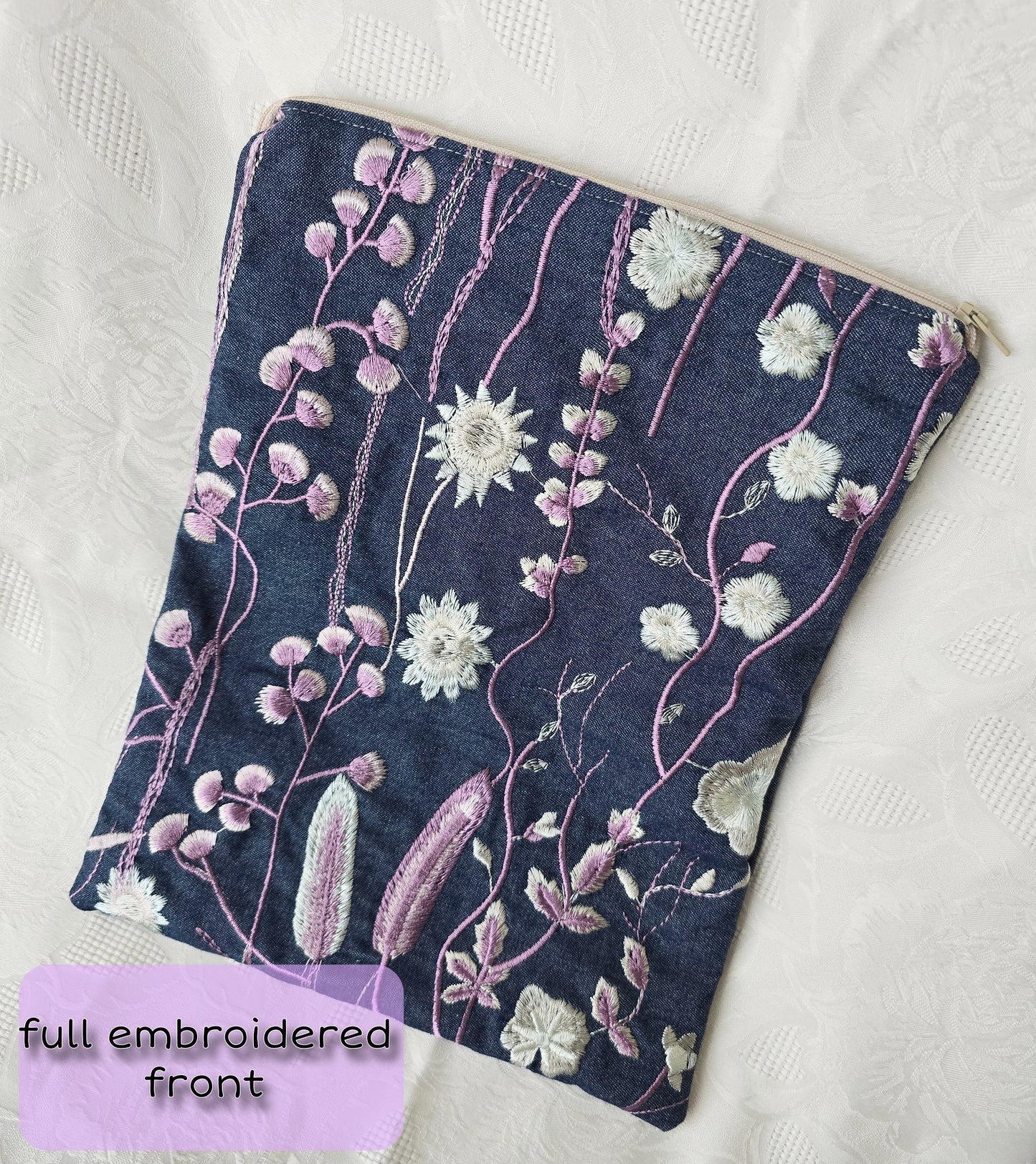Floral Embroidered Denim Book Sleeves