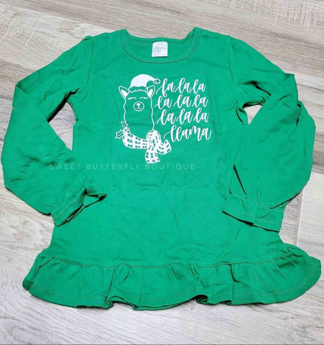 Green long sleeved fa-la-la llama - size 10