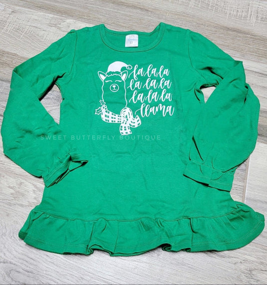 Green long sleeved fa-la-la llama - size 10